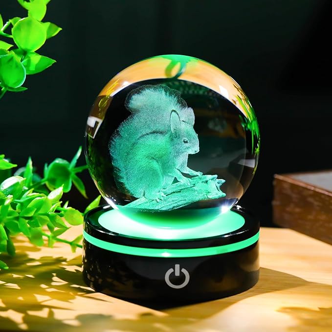 YWHL 3D Squirrel Figurine Crystal Ball with Colorful Light Base, Squirrel Gifts for Women Men on Christmas Birthday, 3D Laser Engraved Squirrel Ornament Glass Decorative Ball for Home Decor (80mm)-VerdiqueGarden