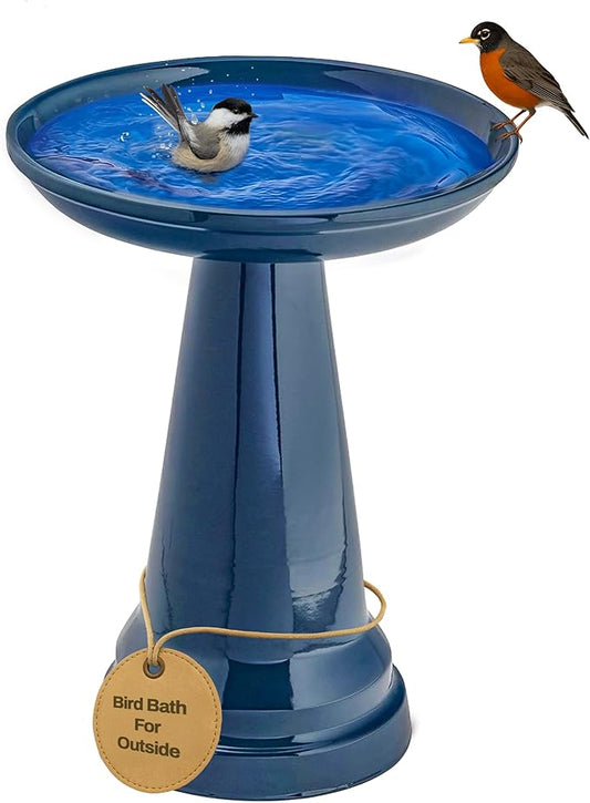 Birds Choice Ohio Stoneware Bird Bath | Pedestal Bird Bath, Stable Locking Top | Weather-Resistant Ceramic Clay, Glazed Finish | Outdoor Garden & Patio Decor | 22" H x 17" D, Midnight Blue-VerdiqueGarden