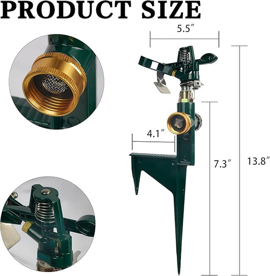 Hourleey 2 Pack Impact Sprinklers for Yard, Adjustable Pulsating Water Sprinkler Head on Step Spike, Zinc Alloy Lawn Sprinkler for 360 Degree Large Area Patio Garden Irrigation-VerdiqueGarden