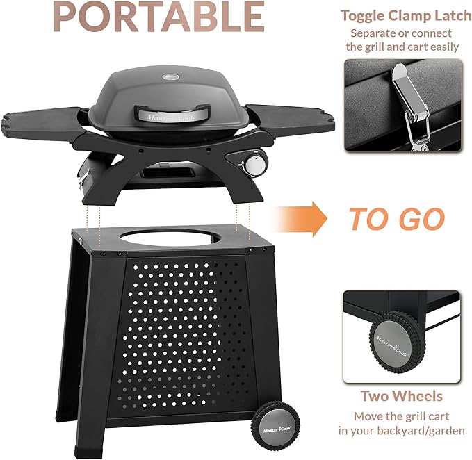 MASTER COOK Propane Gas Grill, Portable Tabletop Barbecue Grill with Cart for Patio, Camping, Travel-VerdiqueGarden