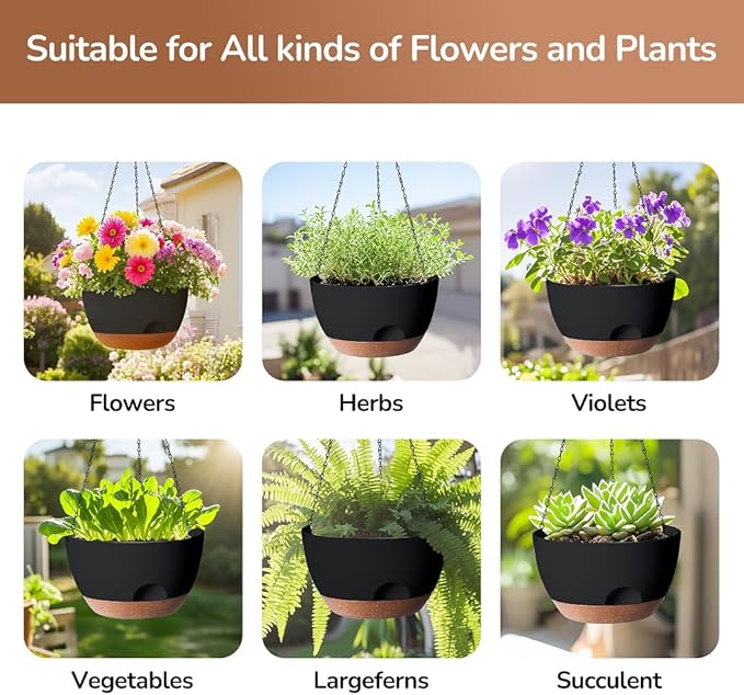 12 Inch Hanging Baskets for Plants Outdoor, Hanging Planters for Indoor Outdoor Plants, Hanging Planter with Self Watering, Hanging Flower Pots (Black)-VerdiqueGarden