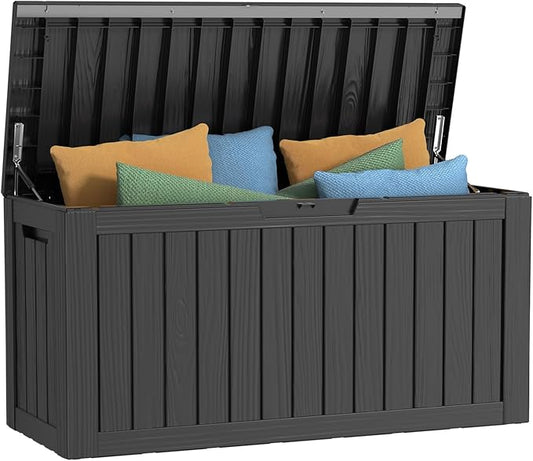 DRATO 80 Gallon Deck Box, Outdoor Storage Box for Patio Furniture, Patio Cushions, Gardening Tools, Pool Supplies 480lbs Weight Capacity,Waterproof Resin Storage Boxes-VerdiqueGarden