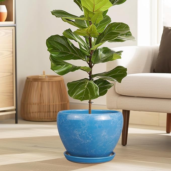 10 Inch Planter Pot - Ceramic Pots for Plants with Drainage Hole and Saucer, Round Large Flower Pot for Indoor Plants, Blue-VerdiqueGarden