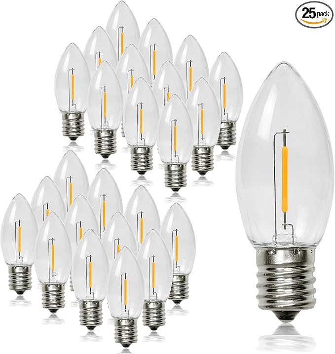 25 Pack C9 LED Replacement Christmas Light Bulbs, Soft White 2700K Waterproof Shatterproof Outdoor String Lights Vintage LED Filament Bulb, E17 Base, Commercial Grade Holiday Decoration Bulbs-VerdiqueGarden