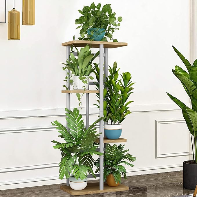 LINZINAR Plant Stand 4 Tier 5 Potted Indoor Plant Shelf Multiple Stands for Garden Corner Balcony Living Room (4 Tier 5 Potted, White)-VerdiqueGarden
