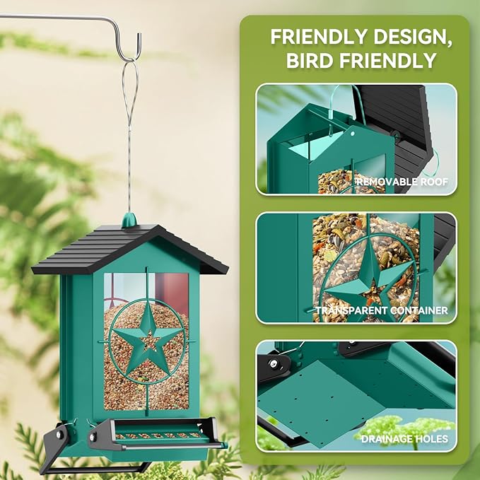 Squirrel Proof Bird Feeder for Outdoors Hanging, Metal Wild Bird Seed Feeder with Bilateral Weight-Activated Perches, 5LB Large Capacity Wild Bird Feeders for Outside Finch, Cardinal, Blue Jay-VerdiqueGarden
