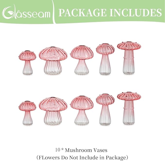 Glasseam Mushroom Plant Propagation Stations: Pink Glass Terrarium Jar Set of 10 Cute Planters for Indoor Plants Mini Propagate Station Unique Christmas Birthday Gifts for Women Home Office Decor-VerdiqueGarden