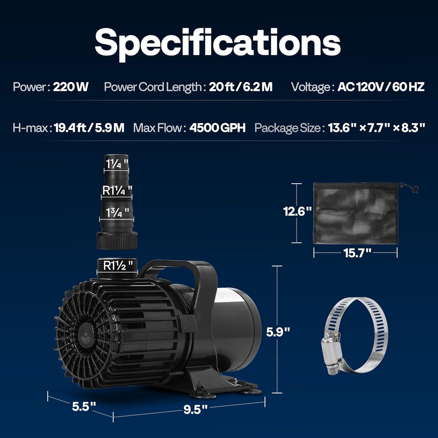 VIVOHOME 220W 4500GPH Submersible Water Pump with 180° Seamless Adjustable Nozzle and Barrier Bag for Koi Pond Waterfall Fountains Fish Tank-VerdiqueGarden