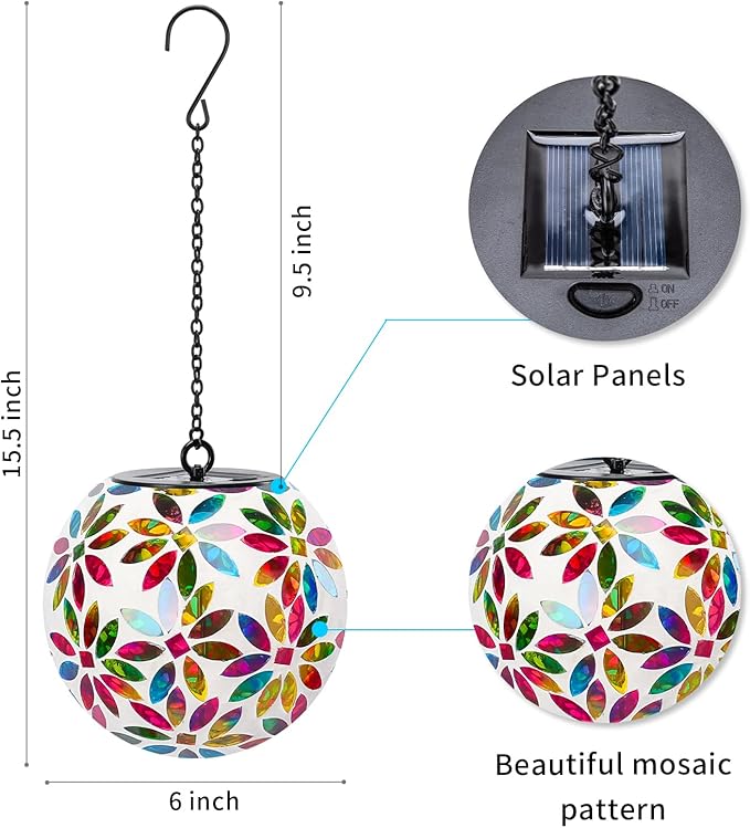 VCUTEKA Hanging Solar Lanterns Mosaic Solar Lights with Hook Up, Outdoor Garden Lights Decor for Yard Tree Fence Patio, Multicolor-VerdiqueGarden
