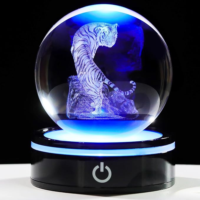 YWHL 3D Tiger Figurine Crystal Ball with Colorful Light Base, Tiger Gifts for Women Men, 3D Laser Engraved Full Sphere Glass Decorative Ball for Home Office (80mm)-VerdiqueGarden