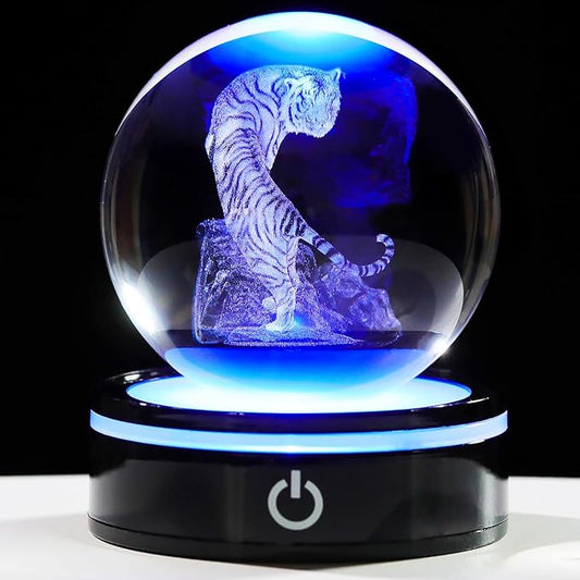 YWHL 3D Tiger Figurine Crystal Ball with Colorful Light Base, Tiger Gifts for Women Men, 3D Laser Engraved Full Sphere Glass Decorative Ball for Home Office (80mm)-VerdiqueGarden