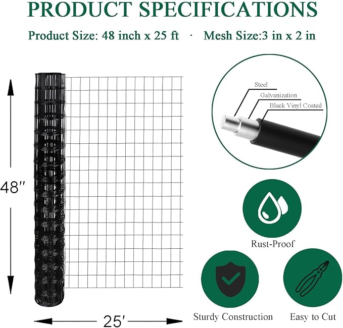 Black PVC Coated Welded Wire Fence 48 Inch x 25 Foot, 2 Inch x 3 Inch 16GA, Garden Border Fencing Roll Vinyl Coating Metal Wire Mesh for Yard Vegetable Plant Protection Poultry Netting-VerdiqueGarden