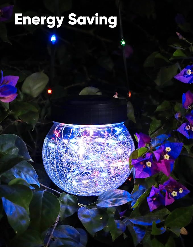 PARTPHONER Solar Lantern Solar Lights Outdoor Waterproof 6-Pack, Solar Powered Hanging Lights Cracked Glass Hanging Globes for Christmas Decoration, Shepherd Hook, Garden Tree Ornaments, Multi-Color-VerdiqueGarden