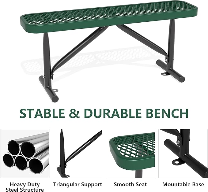 48" L Outdoor Steel Flat Bench, Heavy Duty Metal Park Bench for Outside, Expanded Metal, Commercial Benches Mesh Bench for Shopping Mall, Store, Lawn, Park, Patio, Deck, Garden (Green, 4FT)-VerdiqueGarden