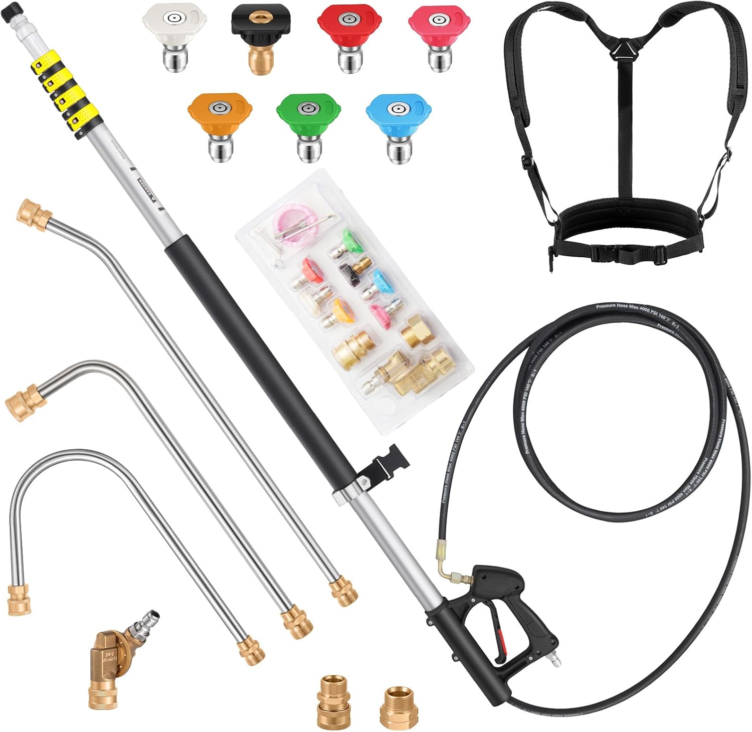 24 FT Telescoping Pressure Washer Wand Extension, Aluminum Power Washer Extension Wand with 7 Nozzle Tips, 3 Adapters & Support Harness, Gutter Cleaning Tools for 2 Story House-VerdiqueGarden