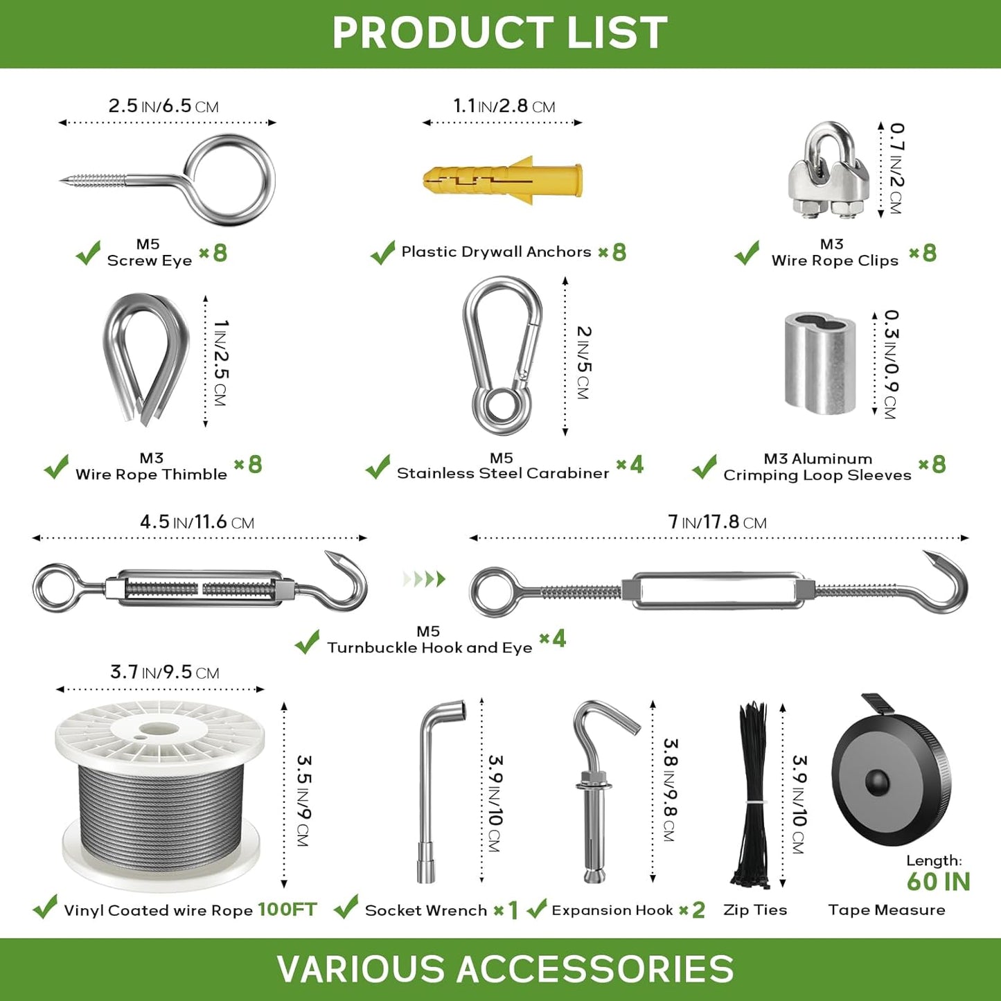 1/8" Wire Rope Kit, 100FT Steel Wire Cable, Vinyl Coated Stainless Steel Cable with Turnbuckles for Outdoor, Garden, Kitchen and Craft Projects-VerdiqueGarden