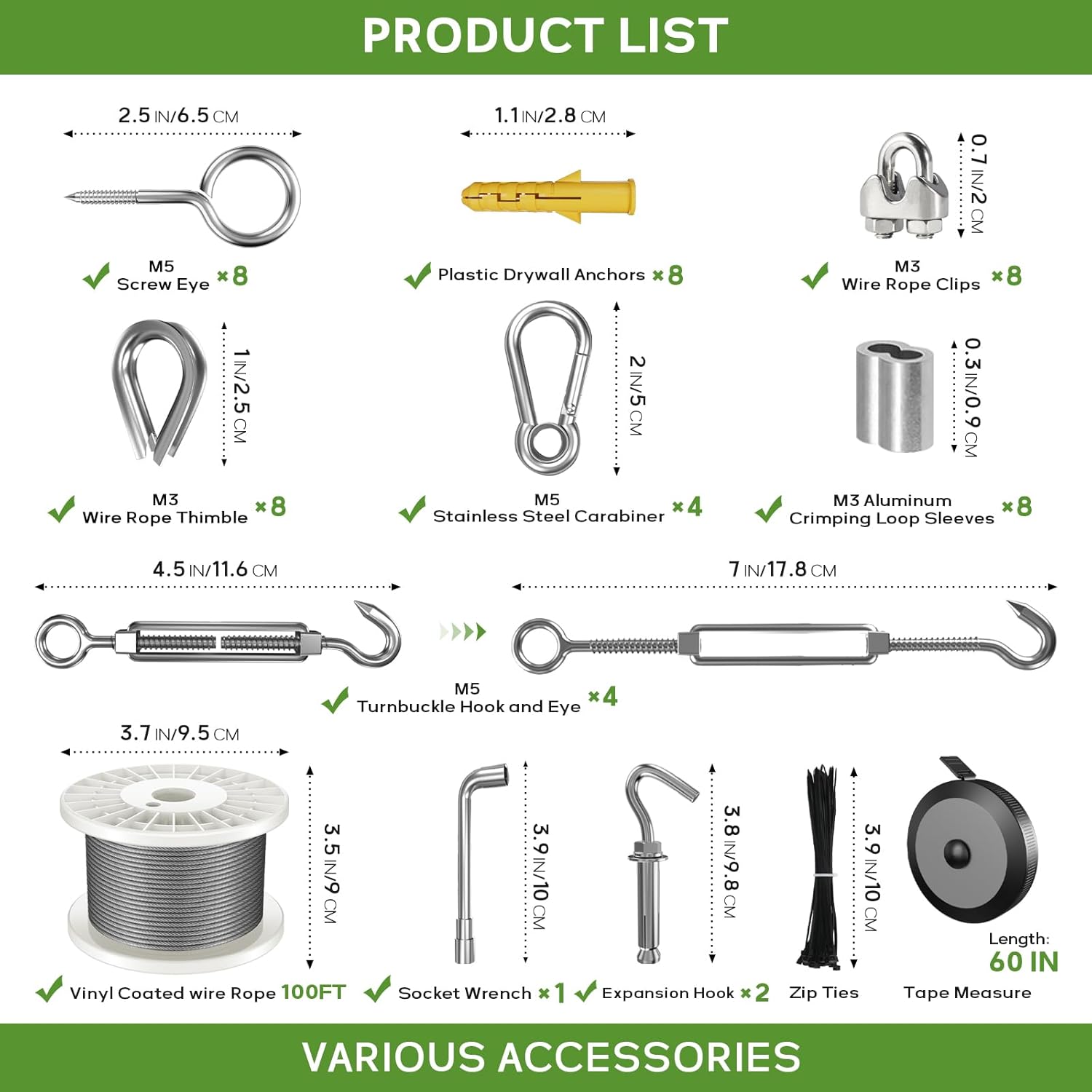 1/8" Wire Rope Kit, 100FT Steel Wire Cable, Vinyl Coated Stainless Steel Cable with Turnbuckles for Outdoor, Garden, Kitchen and Craft Projects-VerdiqueGarden