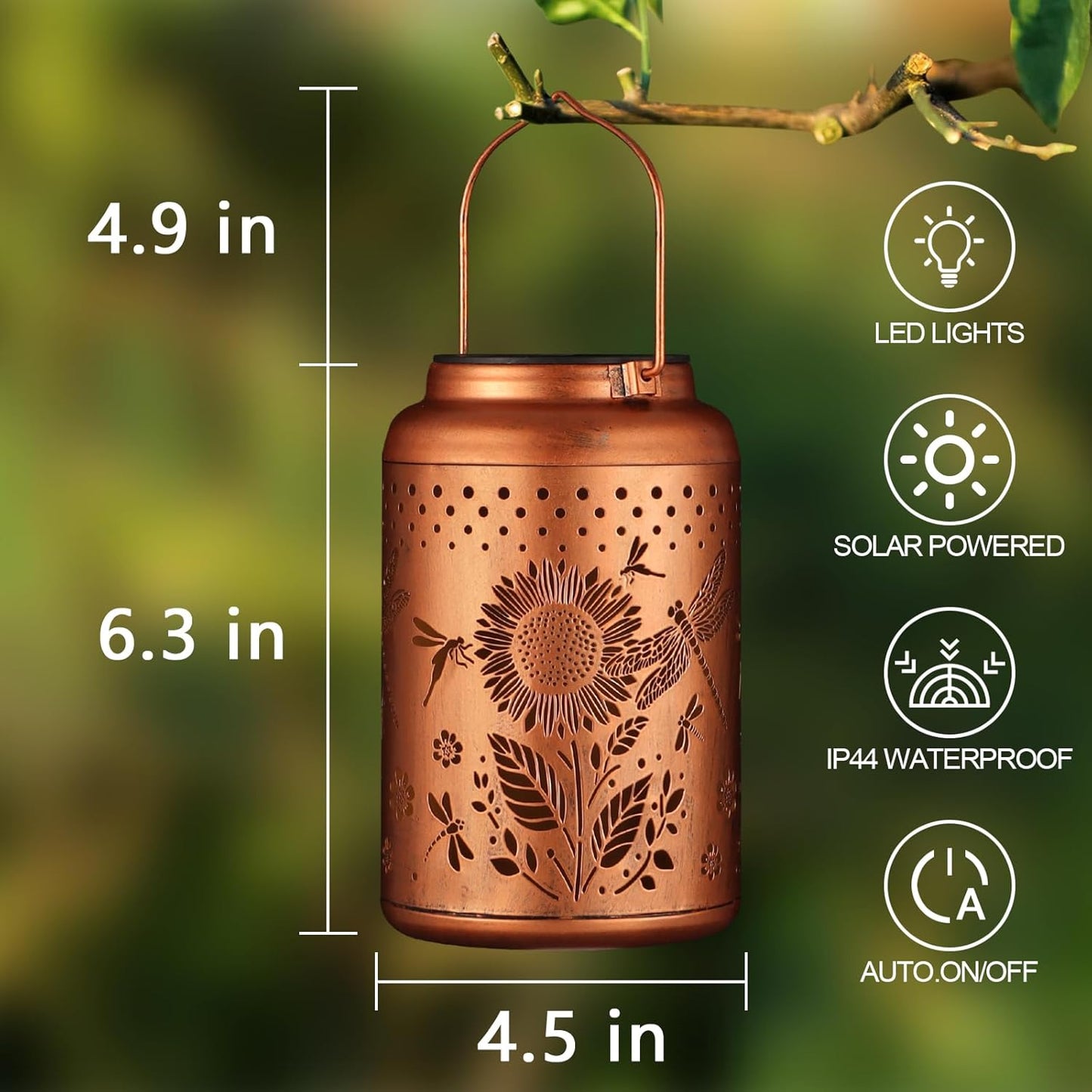 2 Pack Solar Lanterns Outdoor Waterproof, Dragonflies Garden Decor Gifts for Women Mom Grandma Hanging Solar Lights Metal Decoration Outside for Yard, Pati(Sunflowers)-VerdiqueGarden