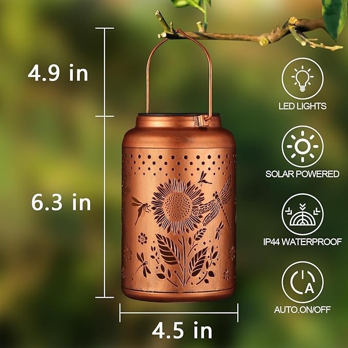 Solar Lanterns Outdoor Waterproof Hummingbird Garden Decor Christmas Gifts for Women Mom Grandma Hanging Lights Metal Decoration Outside for Yard, Patio,Backyard,Porch(Dragonfly and Sunflower)-VerdiqueGarden