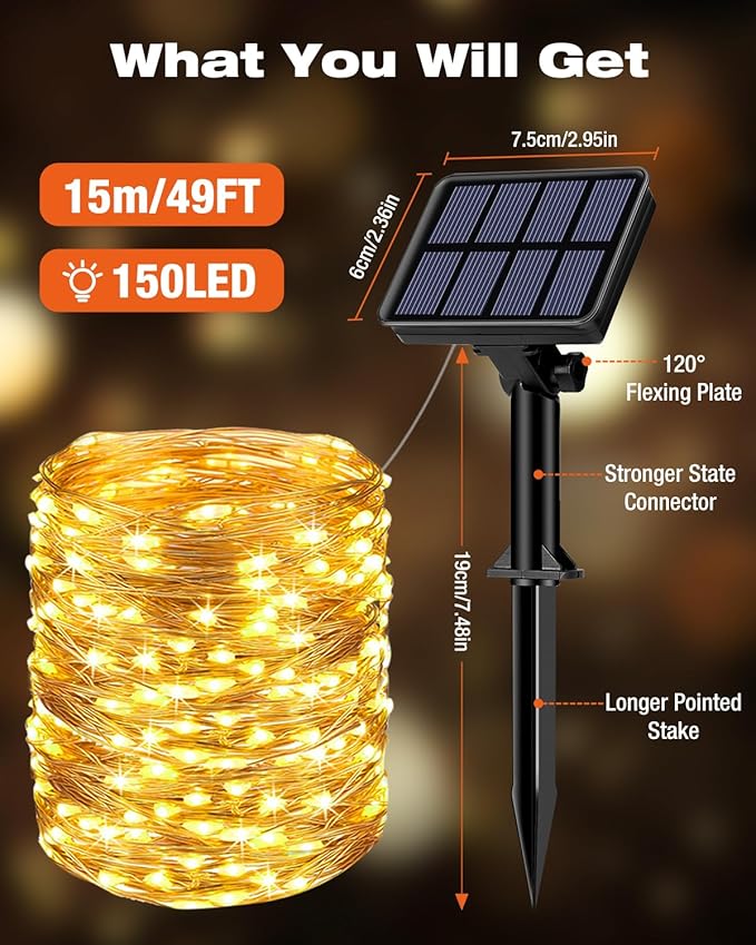 1 Pack Solar Fairy Lights for Outside Waterproof, 49FT/15M 150LED Solar String Lights Outdoor 8 Modes Solar Twinkle Lights for Garden Yard Christmas Tree Wedding Party Decor, Warm White-VerdiqueGarden
