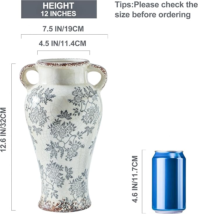 Enra Vintage vase with Handle,12.6 inch Blue and White Ceramic Decorative Flower vase, Chinoiserie Floral Vase,Large Rustic Vases for Home Decors, Living Room, Bookshelf, Office-VerdiqueGarden