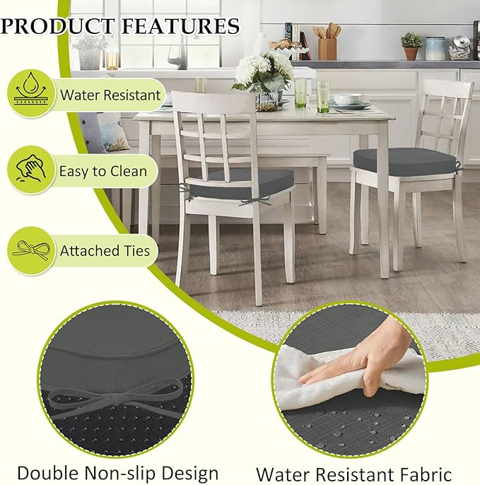 Chair Cushions for Dining Chairs, Indoor Chair Cushions with Ties，Waterproof Chair Pads Set of 6, Dark Grey, 17x16x2.5 Inch-VerdiqueGarden