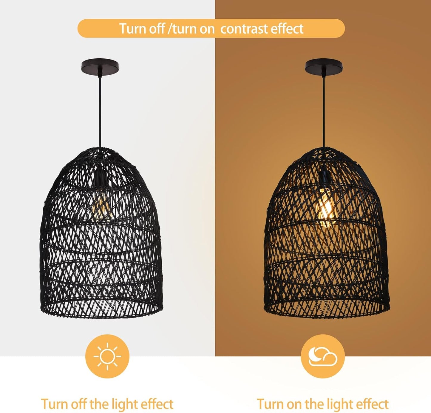 Arturesthome 1 Light Rustic Rattan Basket Pendant Light Boho Wicker Chandelier Coastal Handmade Crafts Lampshade, Farmhouse Hanging Ceiling Lighting for Dining Kitchen Island Black 13.75in*19.68in-VerdiqueGarden