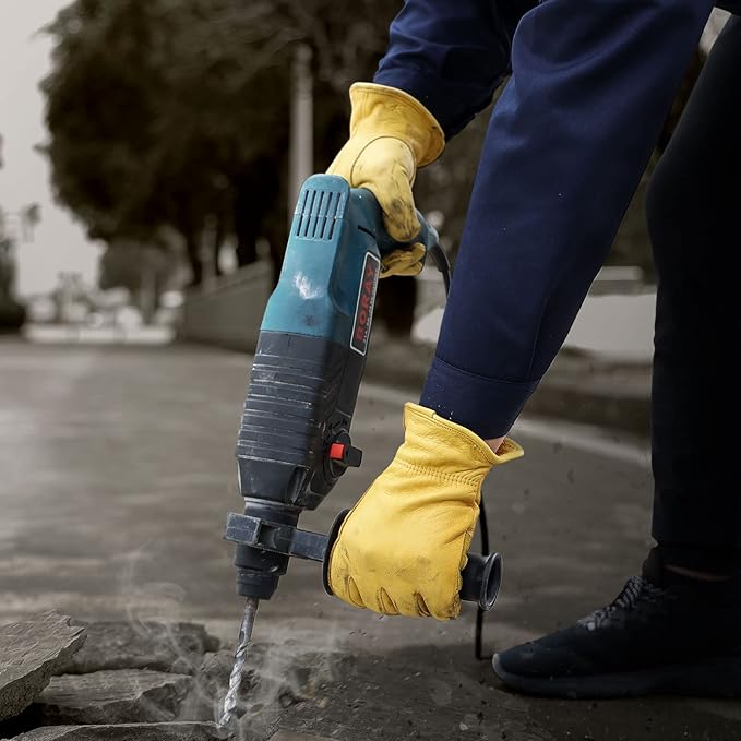 OZERO Leather Work Gloves for Men: 3 Pairs Driver Gloves Abrasion Resistant Cowhide with Reinforced Palm for Heavy Duty Gardening Yard Work DIY Gold X-Large-VerdiqueGarden