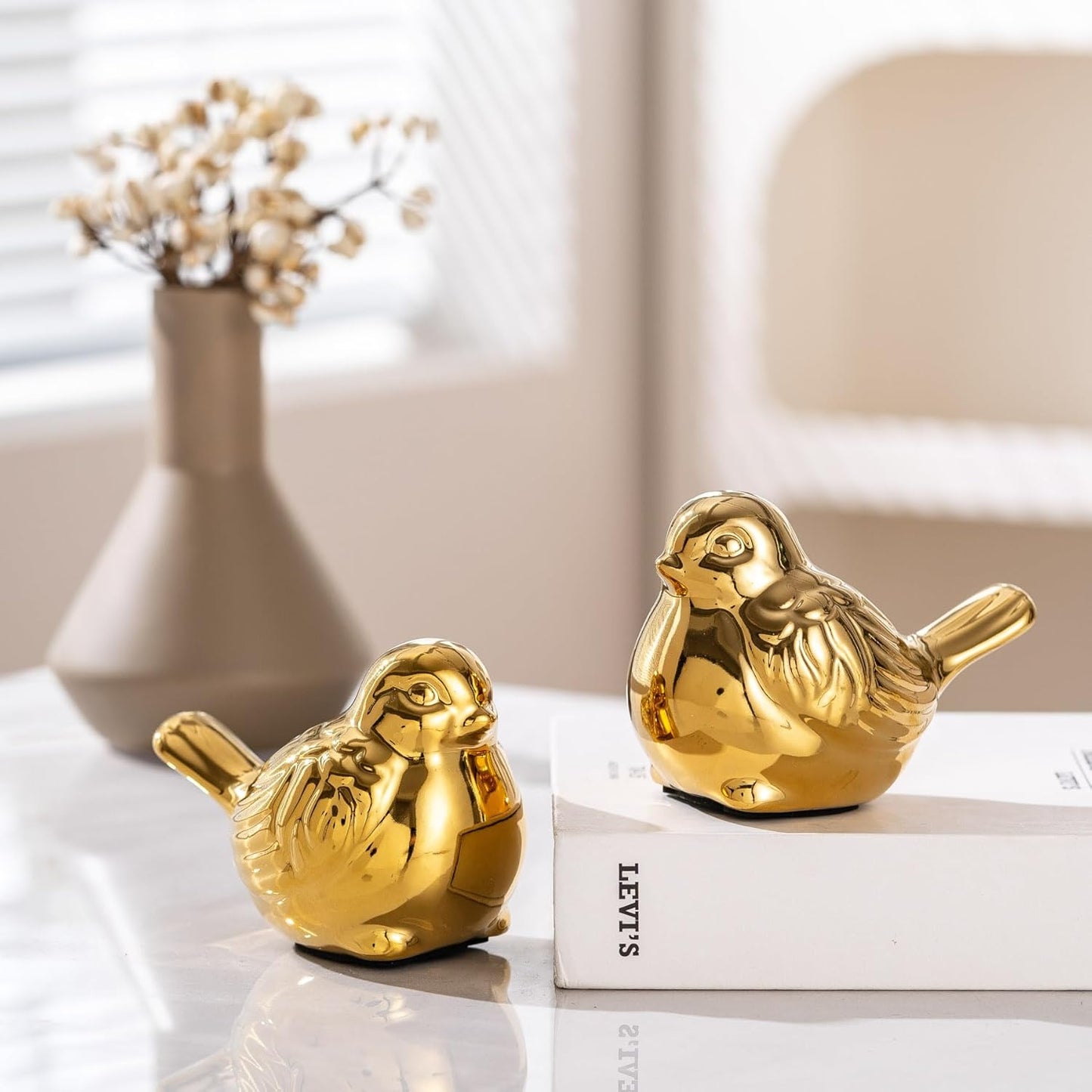 Set of 2 Small Birds Statues Gold Home Decor Modern Boho Style Figurine Decorative Ornaments for Living Room, Bedroom, Office Desktop, Cabinets, Shelf-VerdiqueGarden