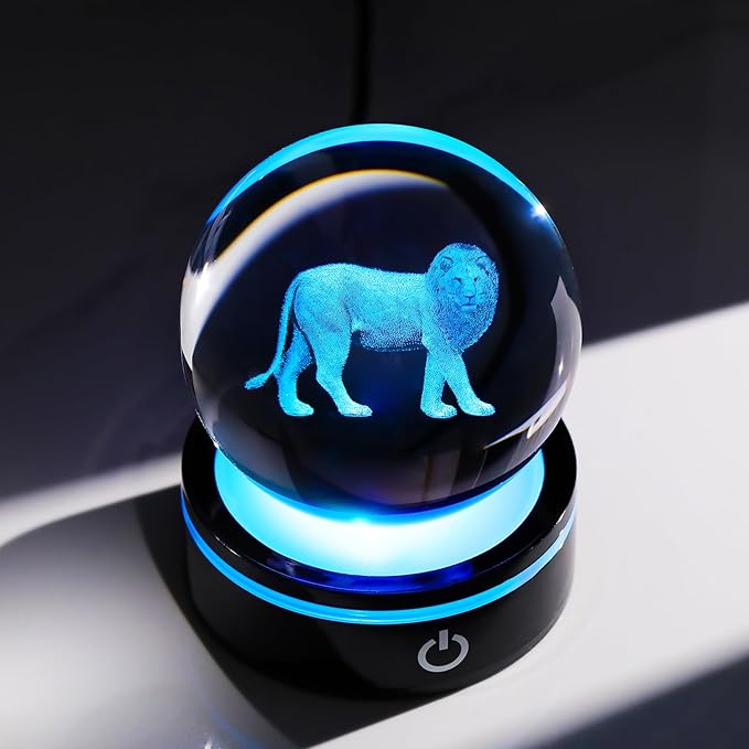 YWHL 3D Crystal Ball Lion Figurine with LED Base, Lion Gifts for Men Women Lions Lovers on Christmas Birthday, Lions Ornament Glass Sphere Decorative Ball for Home Decor (80mm)-VerdiqueGarden