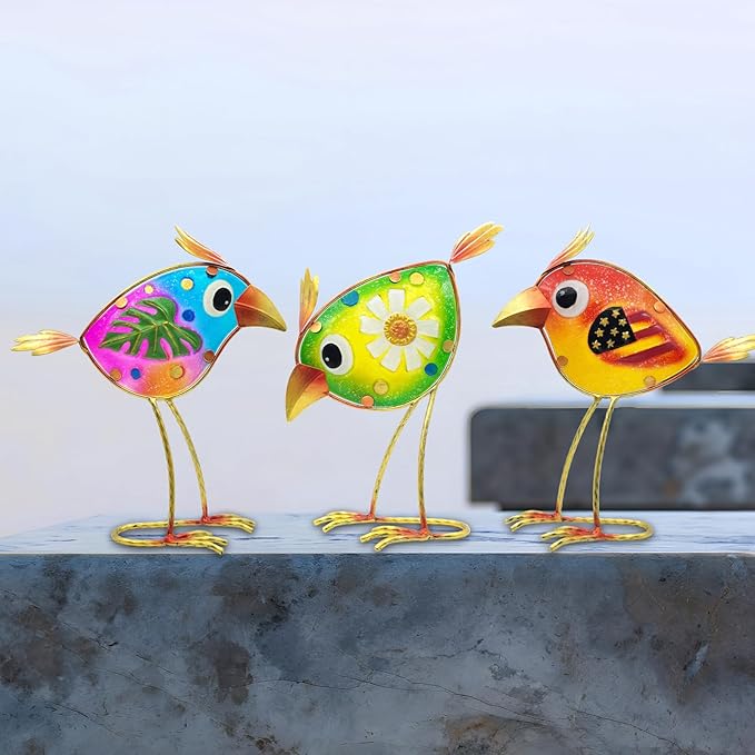 Garden Decor Metal & Glass Bird Decor for Indoor & Outdoor Set of 3 Birds, Lawn Ornaments for Patio Yard Porch, Outdoor Statue Decorations-VerdiqueGarden