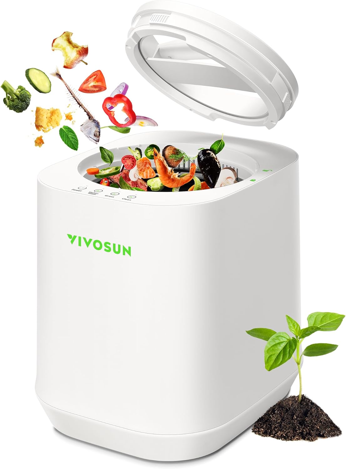 VIVOSUN 4L Electric Composter for Kitchen Indoor, Smart Compost Machine for Countertop, Odorless/Auto-Cleaning/3 Modes/Intelligent LED Display, Mill Composter Kitchen Bin Food Recycler, White-VerdiqueGarden