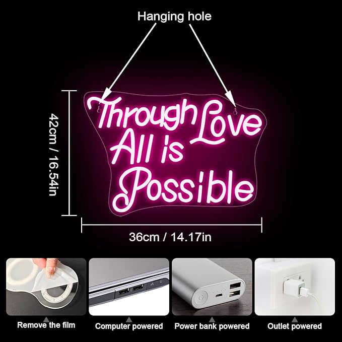 WLHOPE Through Love All is Possible Neon Sign Neon Signs for Wall Decor Dimmable Through Love All is Possible Pink Neon Lights LED Sign for Bedroom,Living Room,Bar,Party,Christmas,Birthday Gift-VerdiqueGarden