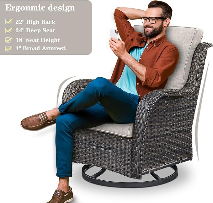 Outdoor Wicker Furniture Patio Set - 7 Piece Backyard Furniture Brown Rattan Conversation Sets with Swivel Rocker Chairs, Rattan Sofa, Club Chairs and Coffee Table, Beige Cushion-VerdiqueGarden