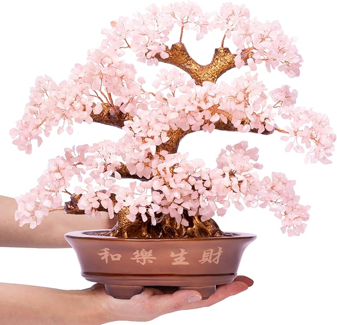 Natural Rose Quartz Tree Large,14" Chakra Crystal Tree(1,251 Gemstone Count) w/Lucky Coins Chain Healing Properties - Bonsai Feng Shui Money Tree for Love Self Care Home Office Decoration-VerdiqueGarden