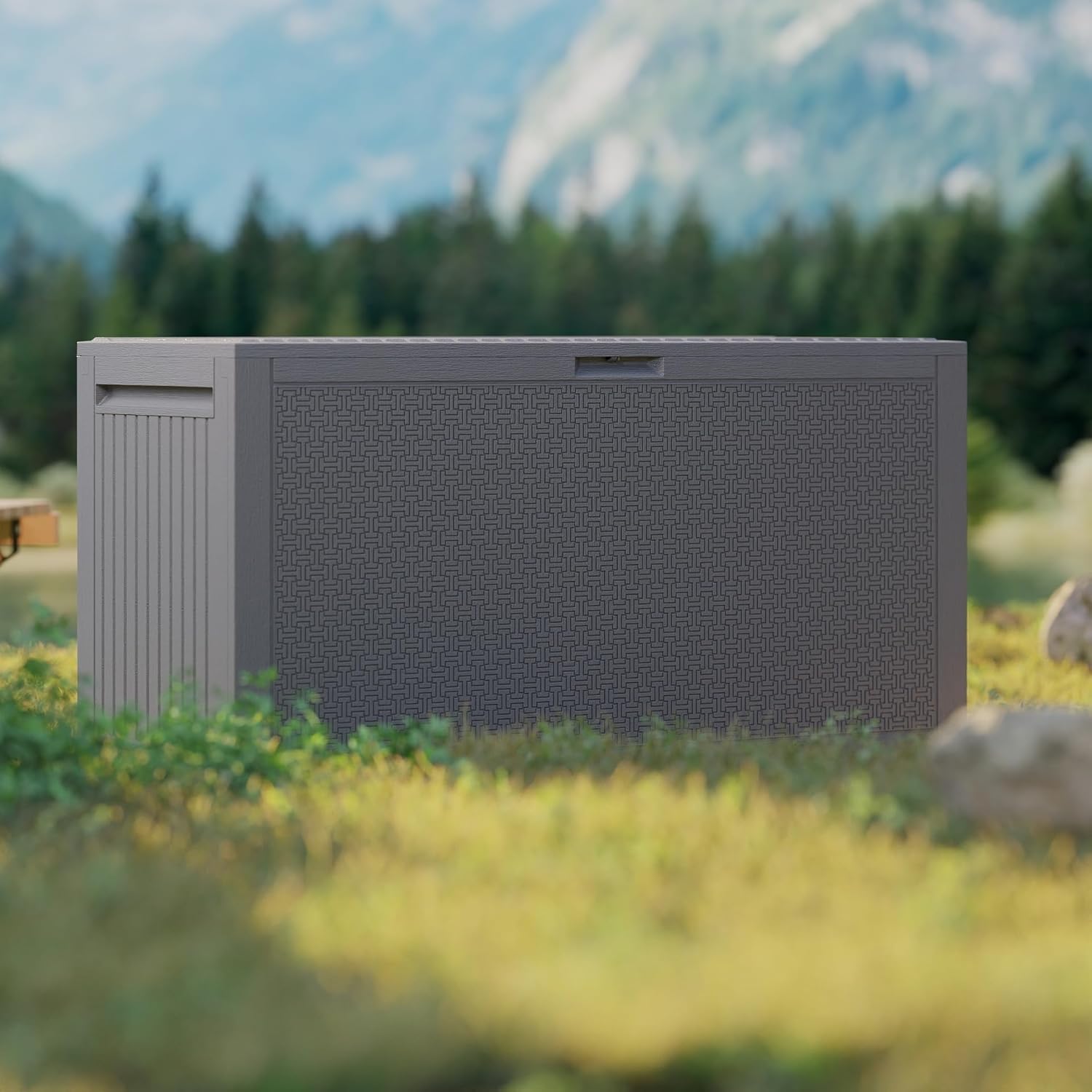 90 Gallon Outdoor Storage Box, Lockable Package Outside Storage Box Waterproof, Patio Cushions Deck Storage Boxes, Rattan Plastic Garden Hose Containers Resin Pool Storage Bins with lids, Grey-VerdiqueGarden