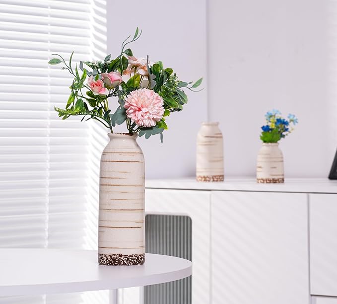 Beige Ceramic Vase Set of 3, Farmhouse Decorative Vase for Pampas Grass, Living Room, Bathroom, Bookshelf, Centerpieces Beige-VerdiqueGarden