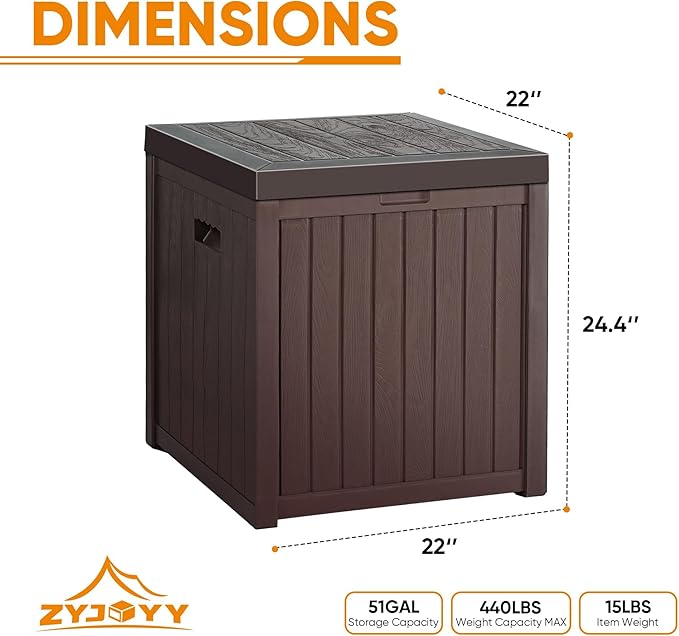 51 Gallon Resin Deck Box, Outdoor Storage Box Waterproof for Patio, Garden, Pool, and Deck, Storage Solution for Cushions, Tools, Delivery Packages, Brown-VerdiqueGarden