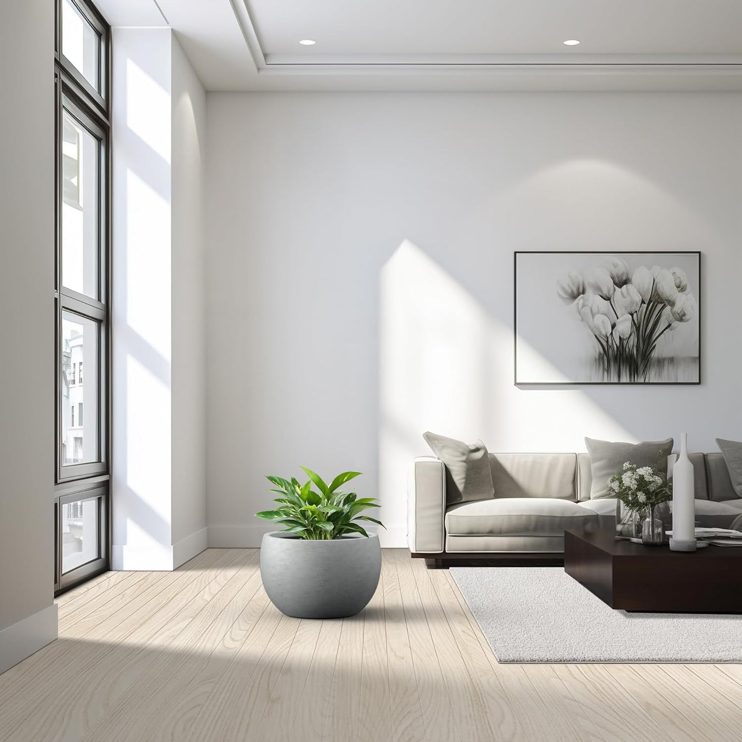 Kante 19.9" Dia Round Concrete Planter, Outdoor/Indoor Large Bowl Plant Pots with Drainage Hole and Rubber Plug for Garden Patio Balcony Home, Natural Concrete-VerdiqueGarden