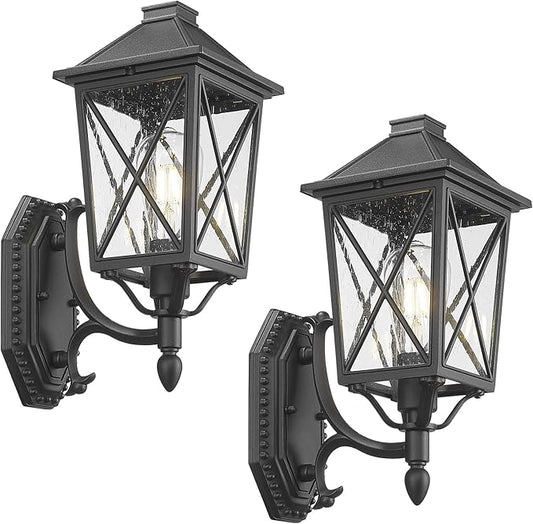 Darkaway Outdoor Wall Light Fixture,2pcs Outside Porch Lights Wall Mounted Seeded Glass Exterior Waterproof Lantern Modern E26 Socket Wall Sconce Lighting for Front Door Yard Patio-VerdiqueGarden