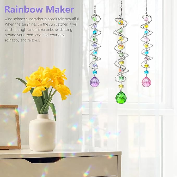 H&D HYALINE & DORA Set of 3 Crystal Sun Catcher for Window Hanging Double-Spiral Gazing Ball Spiral Tail Rainbow Maker Wind Spinners Outdoor for Garden, Patio, Porch, Christmas-VerdiqueGarden