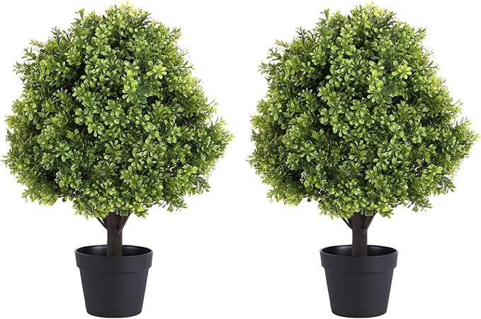 THE BLOOM TIMES 2ft Faux Boxwood Plants Outdoor Set of 2, Topiary Balls Artificial Outside Trees, 24" UV Resistant Fake Greenery Bushes & Shrubs for Front Porch Planter-VerdiqueGarden