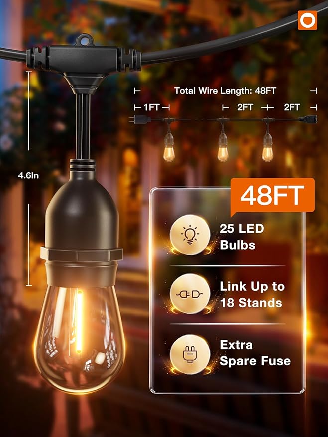 addlon 48FT LED Outdoor String Lights with 25 Edison Vintage Shatterproof Bulbs and Commercial Grade Weatherproof Strand - ETL Listed Heavy-Duty Decorative Lights for Patio Garden-VerdiqueGarden
