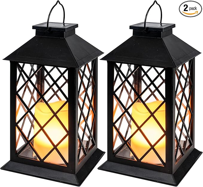 Homemory Solar Lanterns Outdoor Waterproof Hanging with Flickering Flameless Candles, 2 Pack 13'' Garden Outdoor Lantern Decorative for Patio Front Porch Backyard Balcony Cabin Outside Table(Black)-VerdiqueGarden