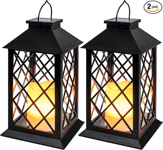 Homemory Solar Lanterns Outdoor Waterproof Hanging with Flickering Flameless Candles, 2 Pack 13'' Garden Outdoor Lantern Decorative for Patio Front Porch Backyard Balcony Cabin Outside Table(Black)-VerdiqueGarden
