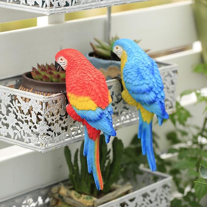 Realistic Parrot Sculpture Resin Hanging Parrots Garden Statues Lifelike Bird Figurines Landscape Ornament Patio Yard Lawn Figurine Tree Decor, Outdoor Garden Wall Statues (Red)-VerdiqueGarden