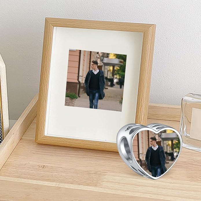Annmors Personalized Photo Charm for Bracelet Necklaces,925 Sterling Silver Charm Love Heart Shaped Engraved Customize Picture Gift for Birthday Mother's Day Christmas,Bead Charms Jewelry for Women