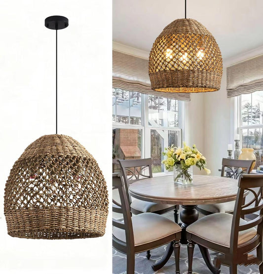 Rattan Pendant Fixtures, 13.39" Boho Wicker Chandelier,3-Light Hand-Woven Seagrass Ceiling Hanging Lights for Kitchen Islands, Dining Rooms, and Farmhouses.-VerdiqueGarden