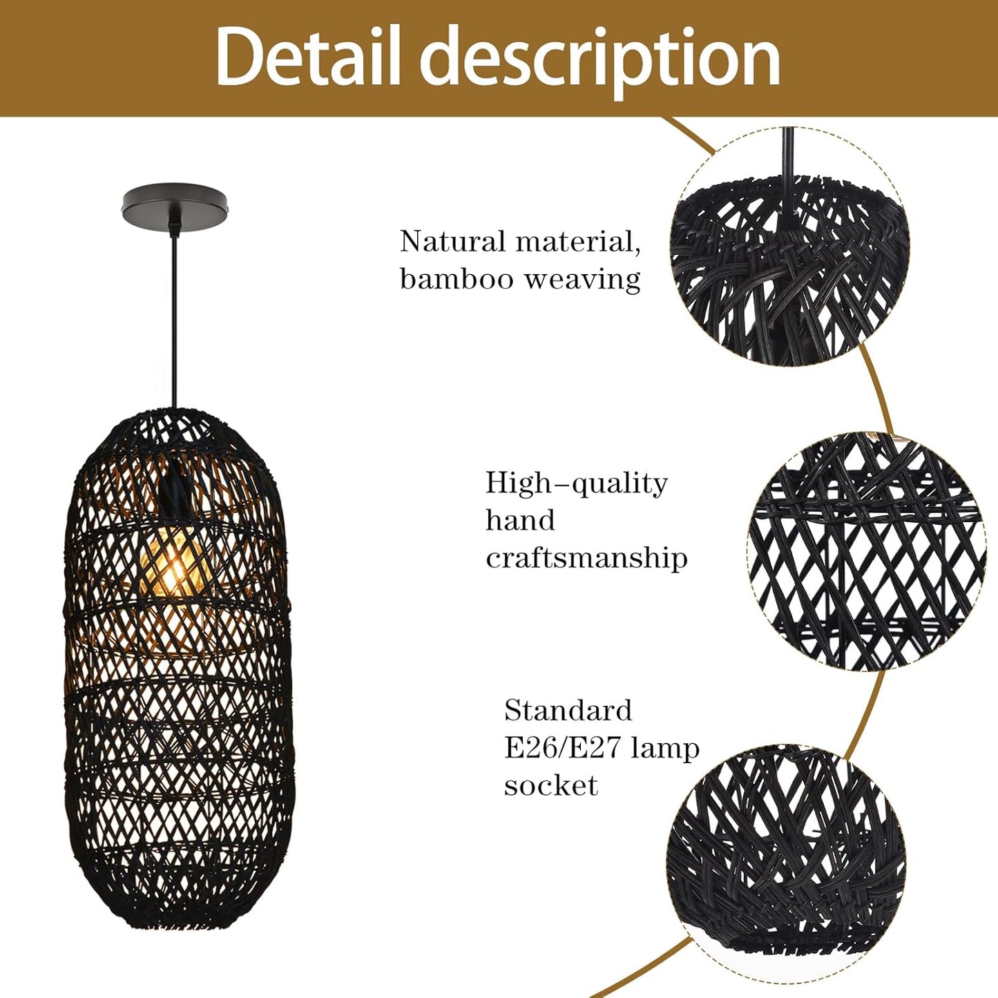 Arturesthome 1 Light Rustic Rattan Basket Pendant Light Fixture, Boho Wicker Chandelier Lamp Black, Coastal Handmade Crafts Lampshade, Farmhouse Hanging Ceiling Lighting for Dining Kitchen-VerdiqueGarden