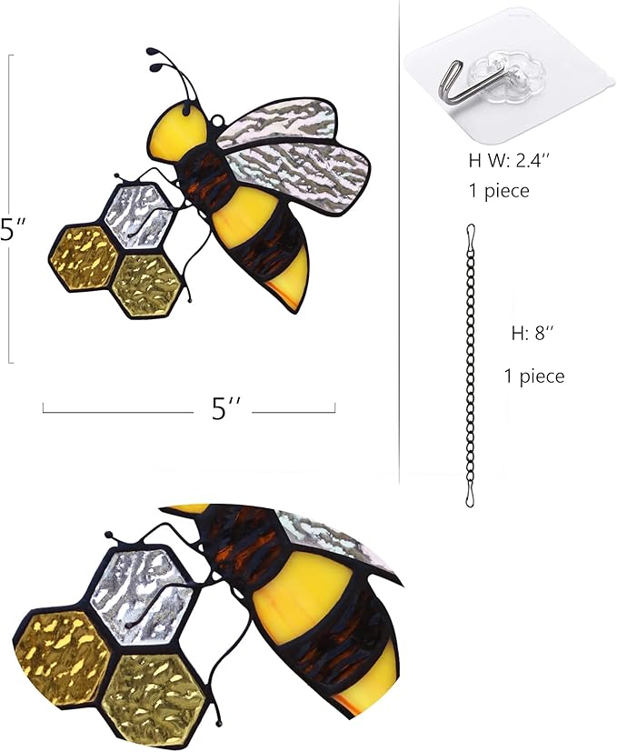 Bee On Honeycomb Stained Glass Window Hangings, Bee Suncatcher Garden Bee Decor Bee Gift for Mom Women-VerdiqueGarden